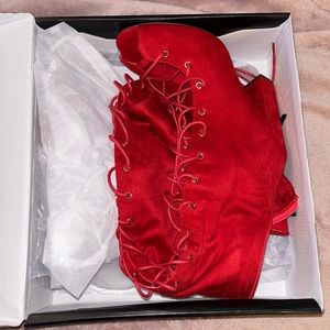 Red thigh high lace up heels